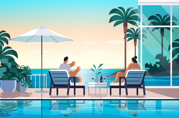 Pessoas relaxando na piscina de praia do hotel resort de luxo tropical e área de estar à beira da piscina conceito de férias de verão à beira-mar