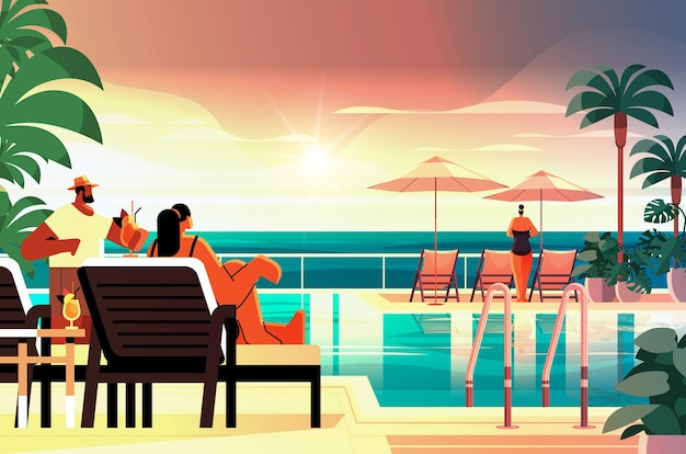 Pessoas relaxando na piscina de praia do hotel resort de luxo tropical e área de estar à beira da piscina conceito de férias de verão