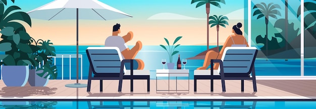 Pessoas relaxando na piscina de praia do hotel resort de luxo tropical e área de estar à beira da piscina conceito de férias de verão
