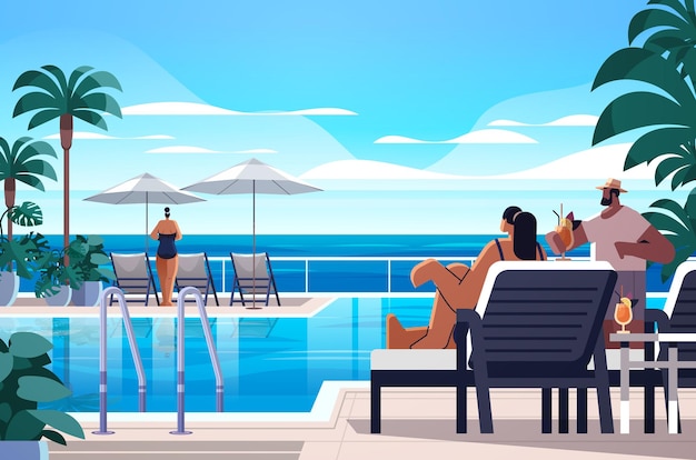 Vetor pessoas relaxando no resort de luxo tropical piscina de praia e área de estar à beira da piscina conceito de férias de verão fundo à beira-mar horizontal ilustração vetorial