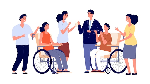 Pessoas saudáveis e com deficiência. Mulher homem na cadeira de rodas com amigos. Amizade, adaptação social e comunicação com pessoas diversas. Ilustração em vetor grupo isolado de personagens adultos