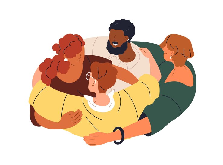 Vetor pessoas se abraçando comunidade de apoio conceito de cuidado mútuo e amor grupo de personagens em círculo abraçando ilustração vetorial gráfica plana isolada em fundo branco