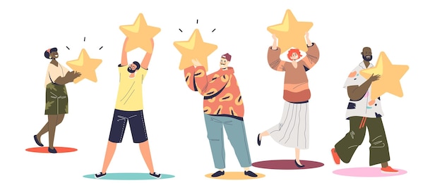 Pessoas segurando estrelas de avaliação. Usuários, consumidores ou clientes felizes dando feedback ou comentários positivos. Clientes satisfeitos serviço de taxa de grupo. Ilustração em vetor plana dos desenhos animados