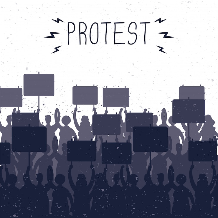 Vetor pessoas segurando faixas de protesto com silhuetas de ilustração de cena