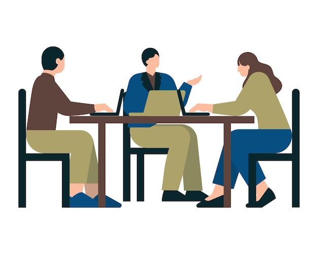 Pessoas sentadas à mesa e trabalhando no laptop Ilustração em vetor estilo simples