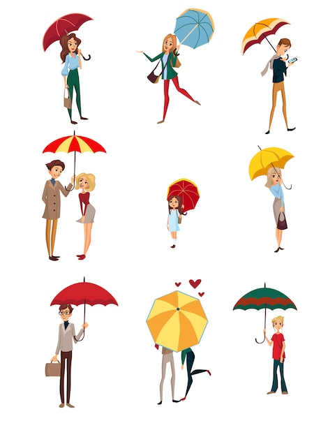 Pessoas sob o conjunto de guarda-chuva, crianças, homens e mulheres andando com guarda-chuvas coloridos, desenhos animados do conceito de tempo chuvoso ilustração