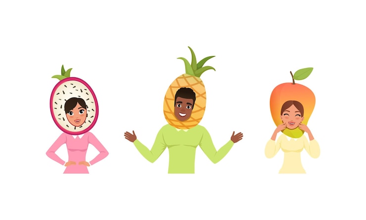 Vetor pessoas sorridente em cabeçalho de frutas pessoas felizes usando pitahaya ananás mango cabeçalhos ilustração vetorial de desenho animado