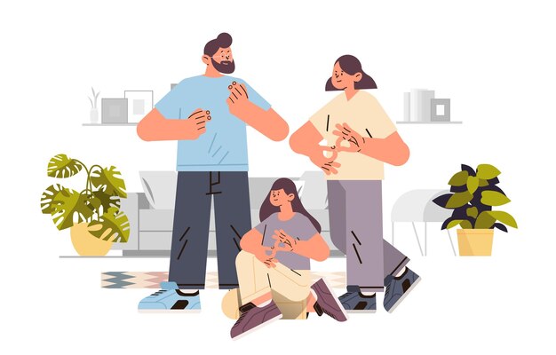 Pessoas surdas conversam entre si pessoas com aparelho auditivo deficiente surdo mudo família se comunicam usando linguagem de sinais deficiência auditiva