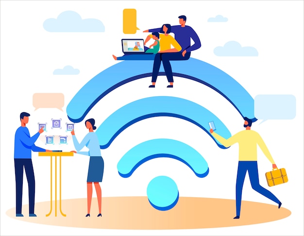 Pessoas, tecnologias sem fio e enorme sinal wi-fi