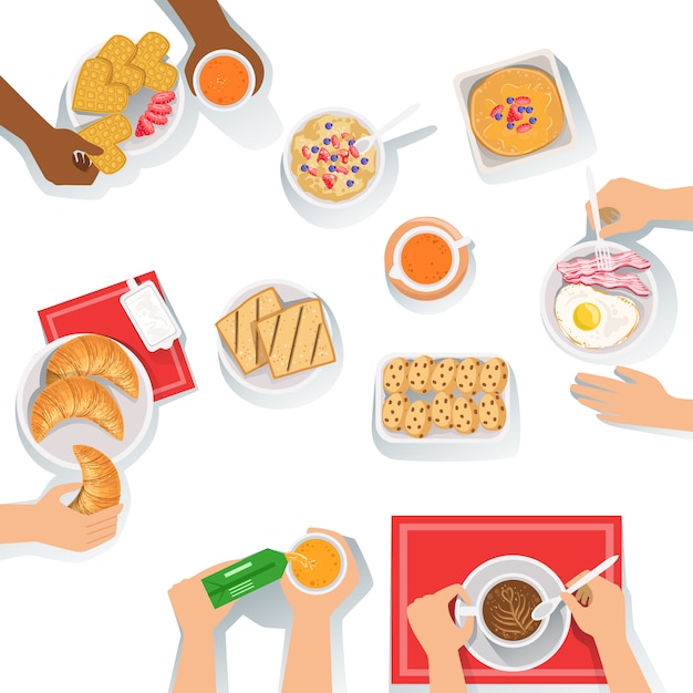 Pessoas tomando café da manhã, juntamente com diferentes conjuntos de bebidas e comida cartoon ilustração.