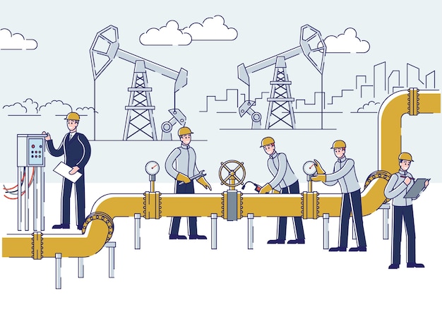 Pessoas trabalham em instalações de petróleo e plataforma