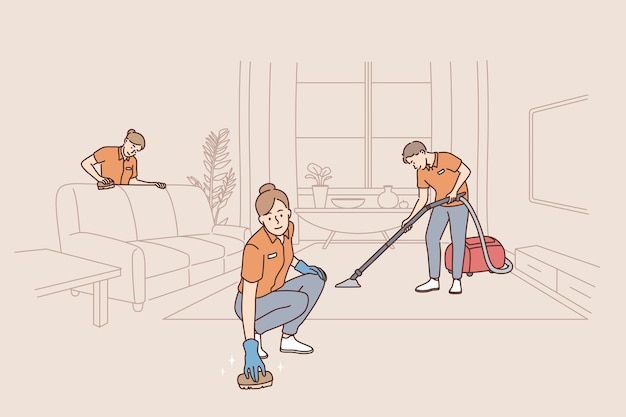 Vetor pessoas trabalhando como limpadores no conceito de serviço