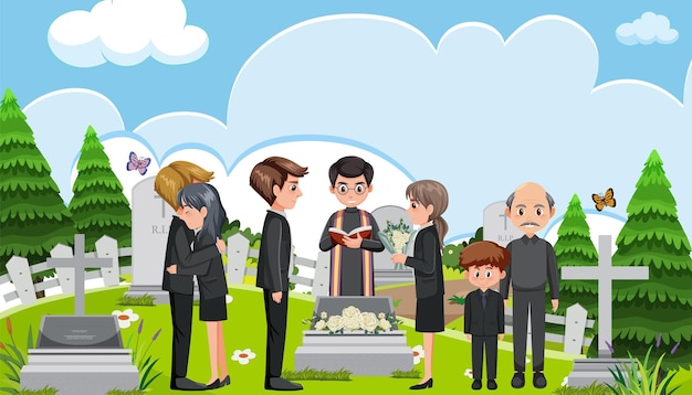 Vetor pessoas tristes na cerimônia fúnebre cristã