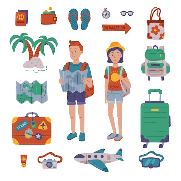 Pessoas turistas com acessórios de viajante definir viagem de verão viagem destino conceito de turismo