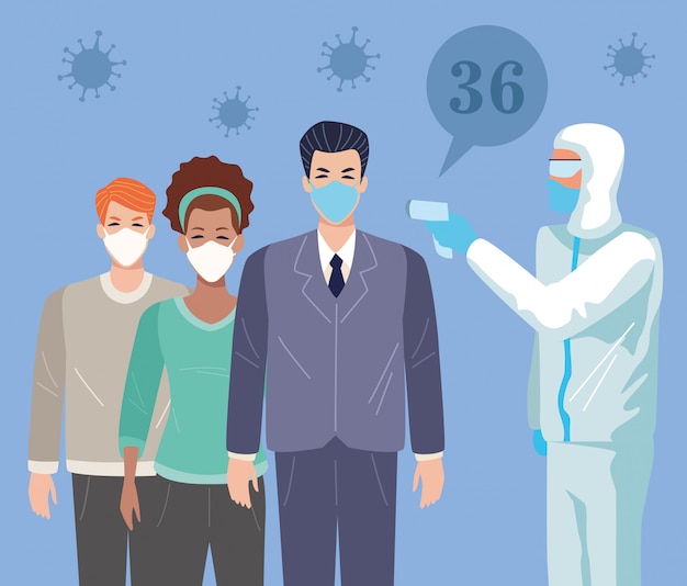 pessoas usando máscaras no ponto de verificação de temperatura para design de ilustração covid19
