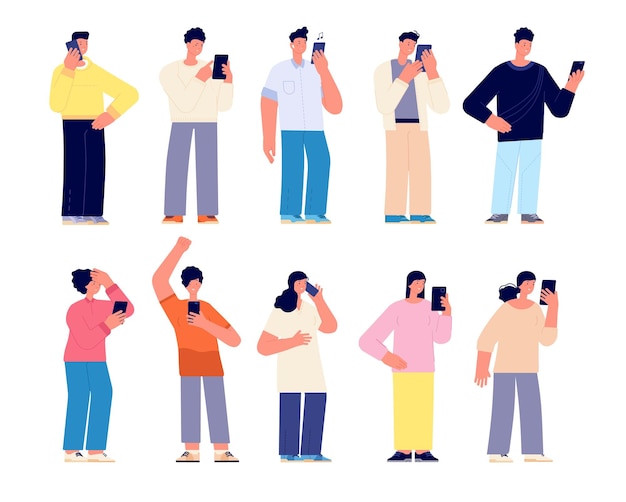 Pessoas usando smartphones Mulher com gadgets mensagens de smartphone Jovem trabalhando comunicação adolescente em mídia social total conjunto de vetores