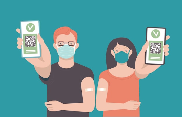 Pessoas vacinadas usando passaportes de saúde digitais homem e mulher adultos mostrando um aplicativo no celular