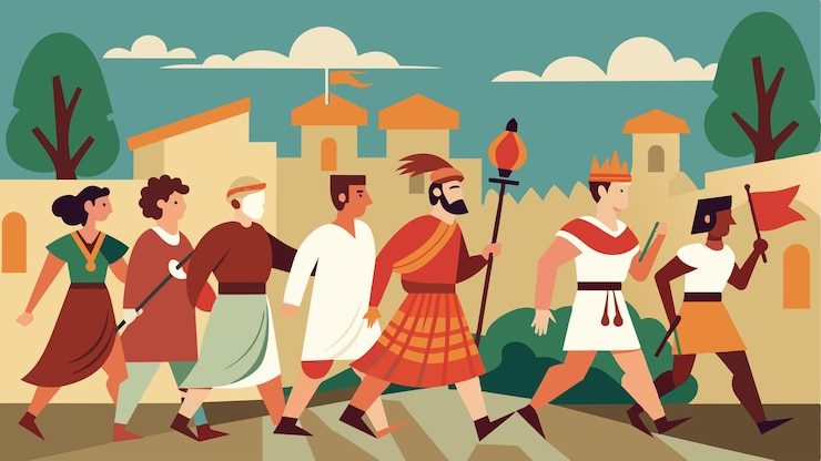 Vetor pessoas vestidas como antigos romanos marchando pelas ruas recriando a conquista de um local