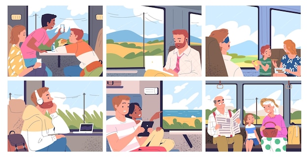 Pessoas viajam de trem Casal de turistas felizes ou amigos viajam em férias de verão dentro do transporte ferroviário olhando pela janela Passageiros sentados viajando viagem ilustração vetorial elegante