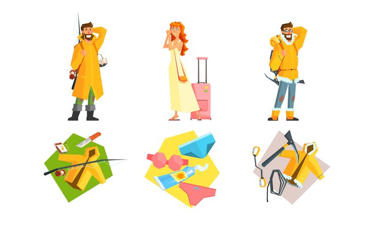 Vetor pessoas viajando set viagem ativa homem caminhando com mochilas acampando pescadora menina indo de férias de verão com mala acessórios e equipamentos turísticos ilustração vetorial em fundo branco