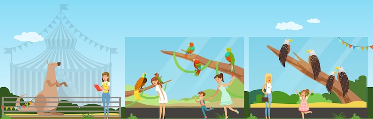 Vetor pessoas visitando zoológico e observando animais em excursão vetor horizontal ilustração em design web de estilo plano