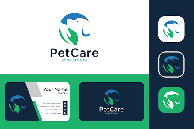 Pet care, dog care com design de logotipo de mão e cartão de visita