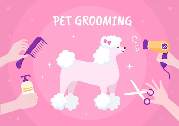 Pet grooming para cães e gatos em ilustração de fundo plana dos desenhos animados mão desenhada. as principais ferramentas que são usadas no salão de beleza para pôster ou banner