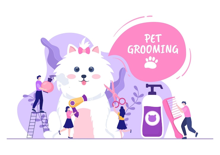 Vetor pet grooming para cães e gatos em ilustração de fundo plana dos desenhos animados mão desenhada. as principais ferramentas que são usadas no salão de beleza para pôster ou banner