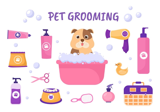 Pet grooming para cães e gatos em ilustração de fundo plana dos desenhos animados mão desenhada. as principais ferramentas que são usadas no salão de beleza para pôster ou banner