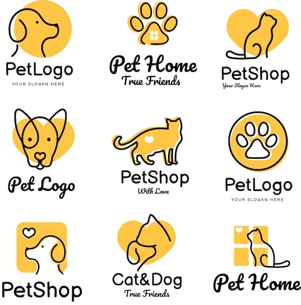 PET LOGO SET Conjunto de vetores de desenho de animais bonitos Rolo de etiqueta de animal de estimação desenhado à mão