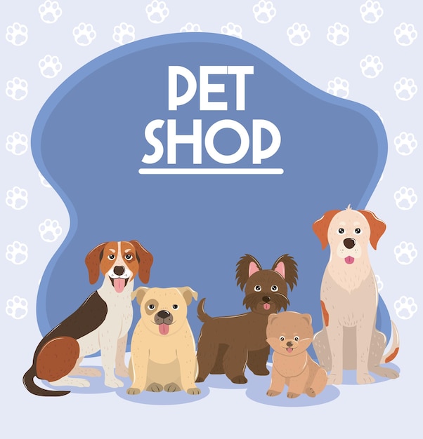 Pet shop, diferentes cães, animais, pôster doméstico