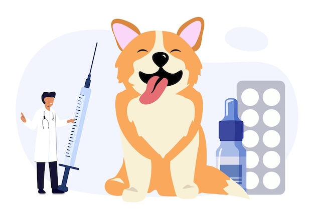 Vetor pet veterinário médico veterinário clínica animal pílulas de cachorro ícone plano