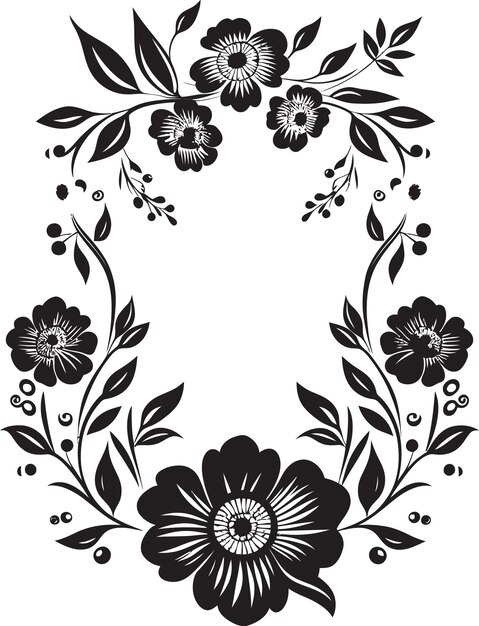 Pétala intemporal envolve ícone floral preto, flor sussurrando, moldura decorativa, logotipo preto