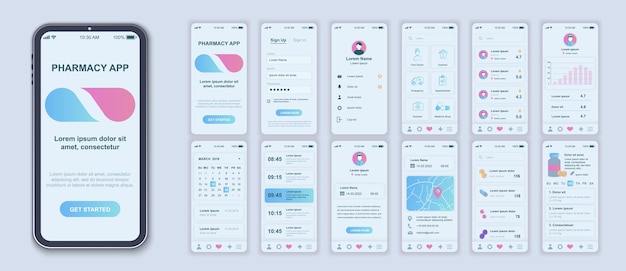 Vetor pharmacy mobile app interface screens template set account login find doctor appointments on time medicine shop pills ordering pack of ui ux gui kit for application web layout vector design