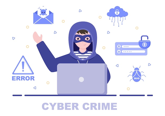 Phishing de ilustração de crime cibernético que rouba dados digitais, sistema de dispositivos, senha e documentos bancários do computador