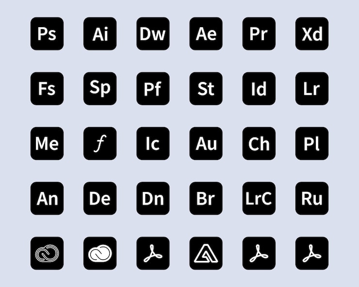 Vetor photoshop lightroom adobe acrobat bridge spark illustrator experience designm after effect indesign experience cloud logotipo etc logotipo da aplicação adobe cor negra editorial