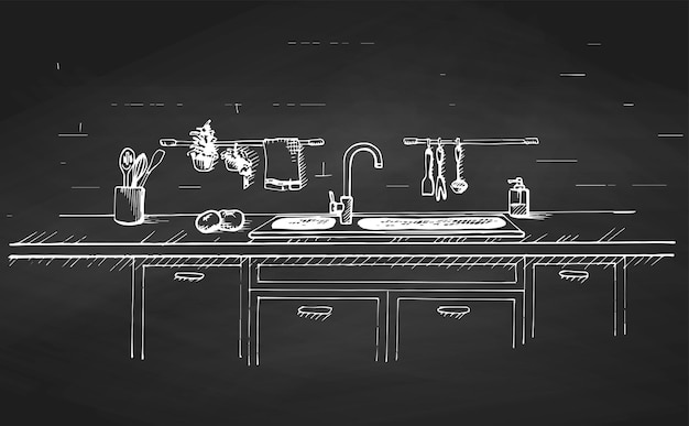 Pia de cozinha Bancada de cozinha com pia e desenhada em um quadro-negro O esboço da cozinha