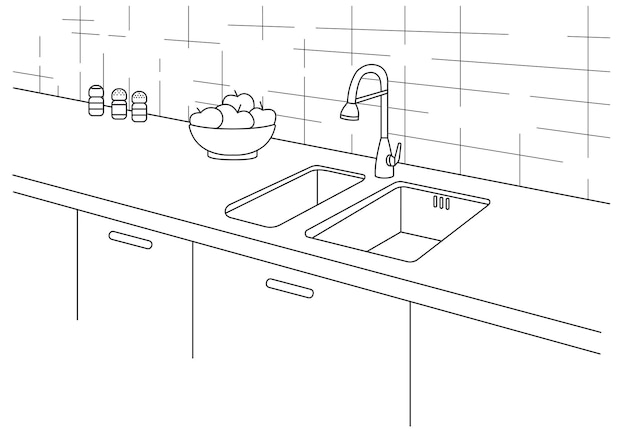 Pia de cozinha Bancada de cozinha com pia em estilo de linha Ilustração vetorial em estilo linear