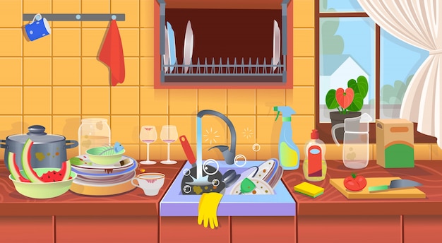 Vetor pia de cozinha com pratos sujos. cozinha suja. um conceito para empresas de limpeza. ilustração em vetor plana dos desenhos animados.
