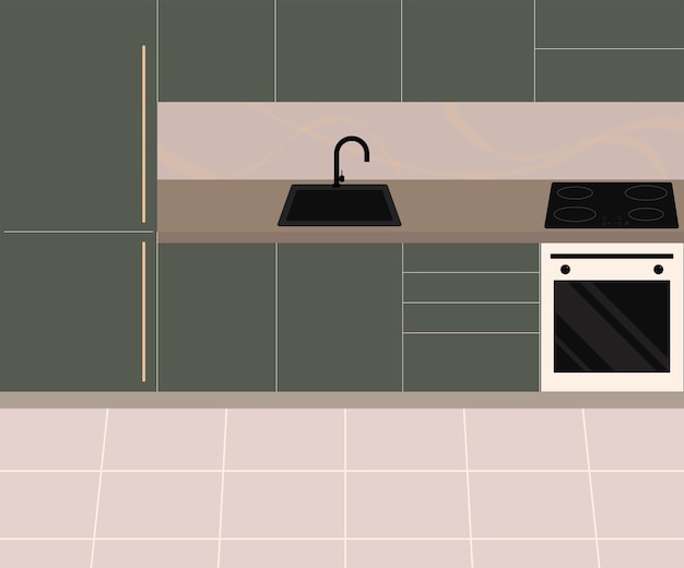 Vetor pia e fogão do conceito interior da cozinha na bancada