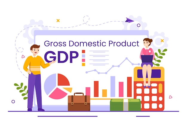 PIB ou ilustração do produto interno bruto com coluna de crescimento econômico e produtividade de mercado