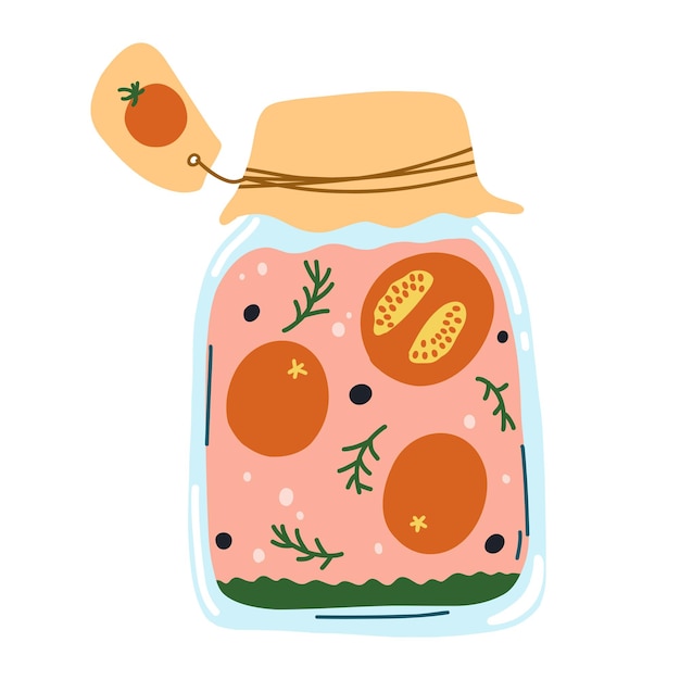 Picles de tomate caseiros vegetais enlatados em estilo plano desenhado à mão dos desenhos animados Ilustração vetorial de frasco de vidro com alimentos preservados Temporada de colheita de outono legumes marinados
