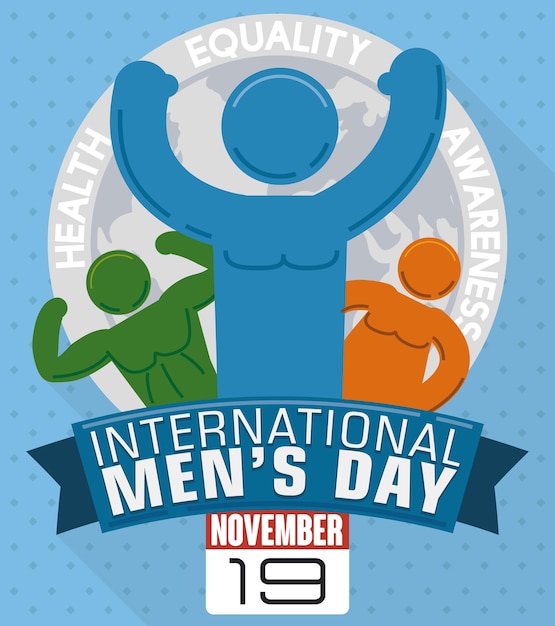 Vetor pictogramas de homens celebrando suas diferenças no dia internacional do homem com um calendário de lembretes