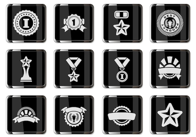 Pictogramas de prêmio em botões cromados pretos. conjunto de ícones isolado para design de interface de usuário. ilustração vetorial