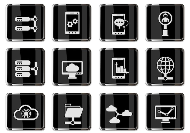 Pictogramas de rede em botões cromados pretos. conjunto de ícones para design de interface de usuário