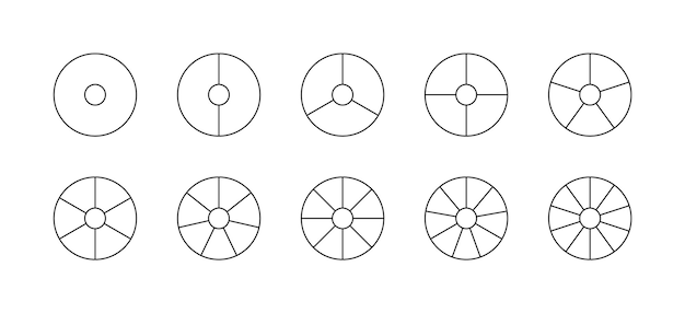 Piechart com segmentos e fatias conjunto de gráfico circular gráfico de estrutura redonda diagrama de pizza dividido em pedaços