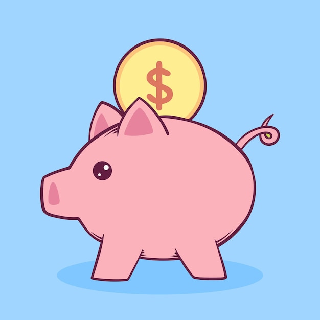 Piggy bank com ilustração de moeda de ouro desenhada à mão