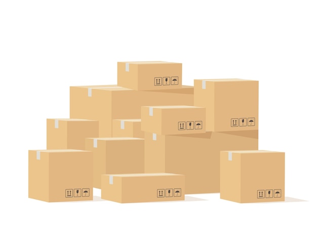 Pilha de caixas. caixas de papelão de tamanho diferente com sinais frágeis, embalagem de papelão de mercadorias de envio, armazenamento de carga em estoque, remessa de indústria, conceito isolado de vetor de entrega