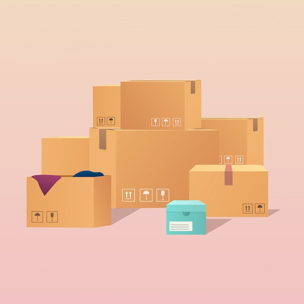 Pilha de caixas de papelão empilhadas de mercadorias seladas. conceito de ilustração moderna.