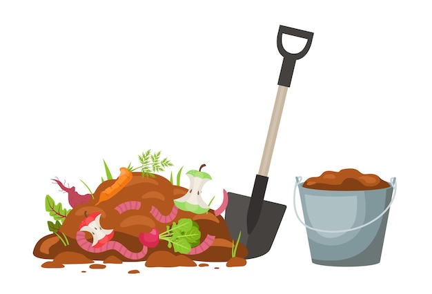 pilha de composto com uma pá e um balde de húmus solo com húmus clipart de desenho animado vetor